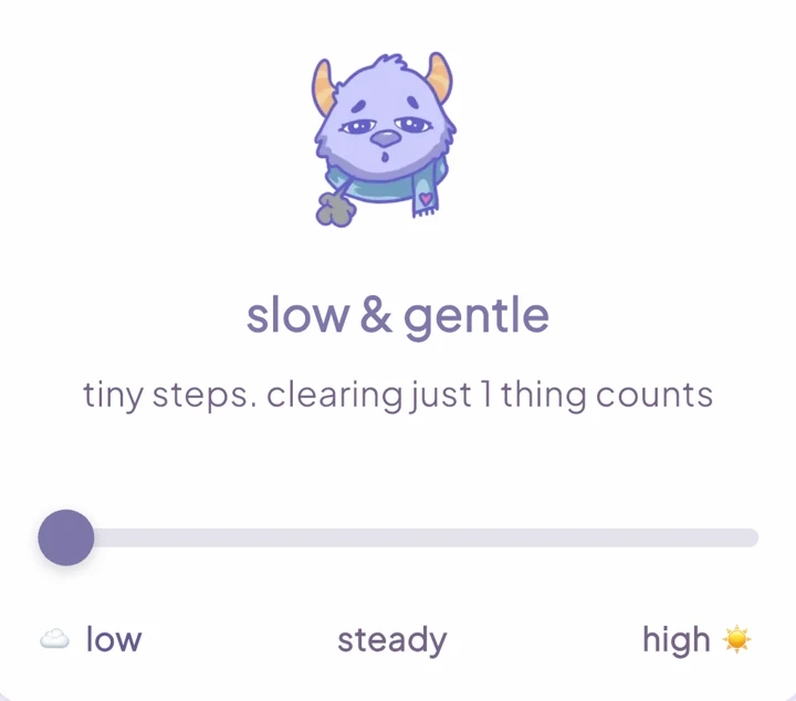 The energy slider set to low, with a sleepy Lumi and the words slow and gentle